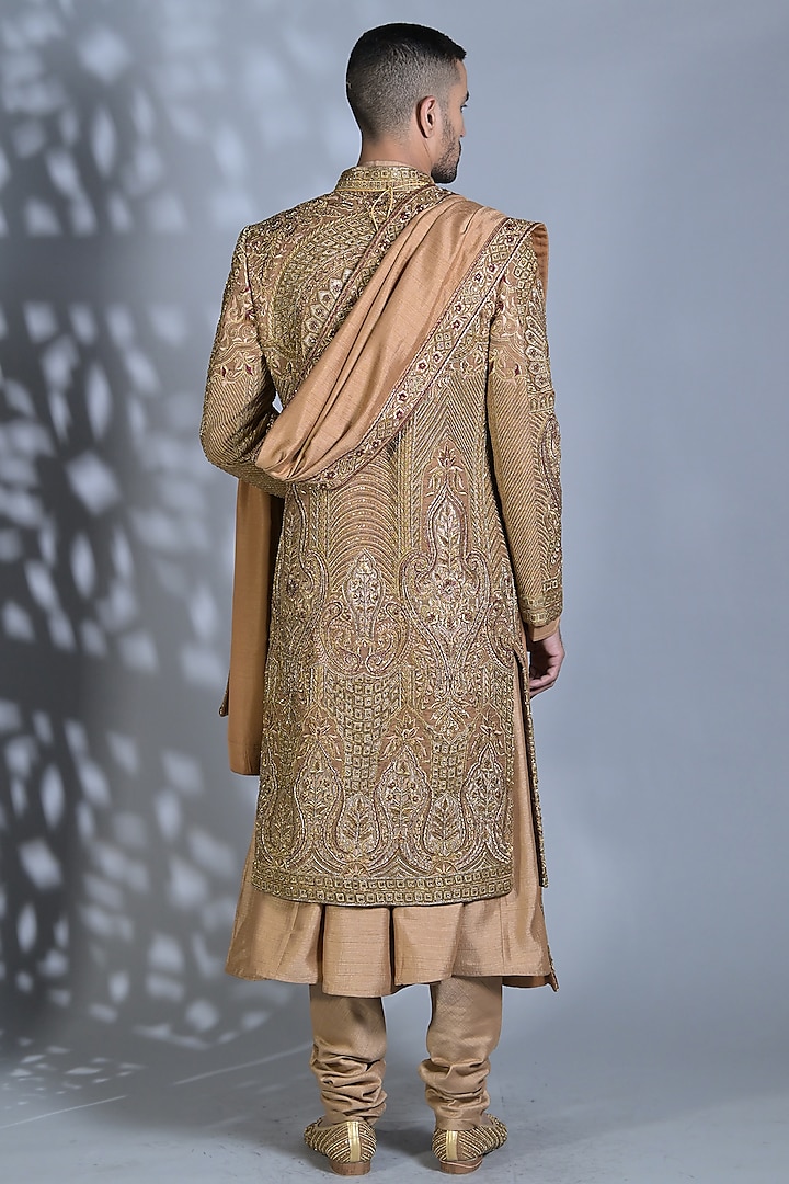 Dark Beige Pure Silk Cutdana & Dabka Embroidered Groom Sherwani Set by Bharat Reshma at Pernia's Pop Up Shop