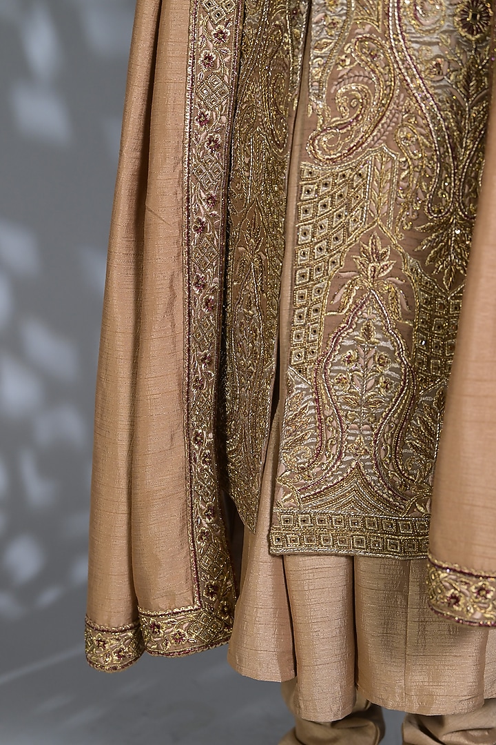 Dark Beige Pure Silk Cutdana & Dabka Embroidered Groom Sherwani Set by Bharat Reshma at Pernia's Pop Up Shop