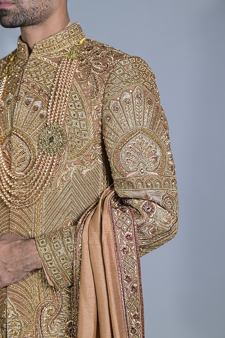 Dark Beige Pure Silk Cutdana & Dabka Embroidered Groom Sherwani Set by Bharat Reshma at Pernia's Pop Up Shop