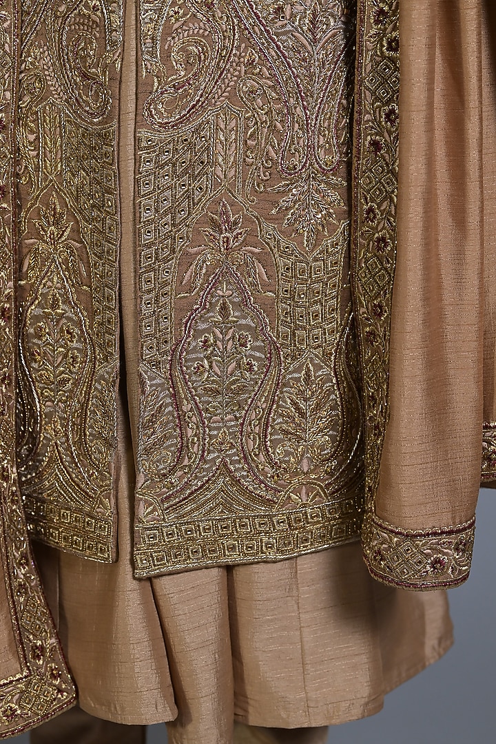 Dark Beige Pure Silk Cutdana & Dabka Embroidered Groom Sherwani Set by Bharat Reshma at Pernia's Pop Up Shop