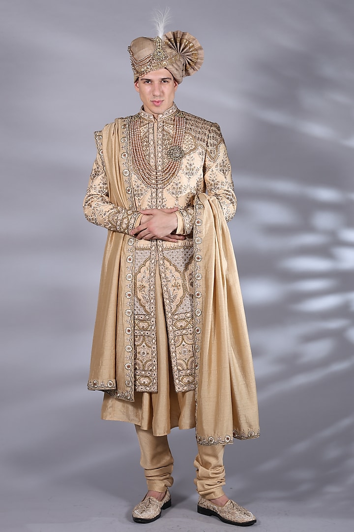 Champagne Brown Raw Silk Zardosi & Thread Embroidered Sherwani Set by Bharat Reshma