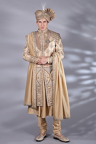 Champagne Brown Raw Silk Zardosi & Thread Embroidered Sherwani Set by Bharat Reshma