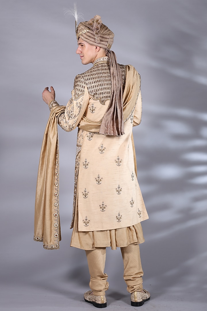 Champagne Brown Raw Silk Zardosi & Thread Embroidered Groom Sherwani Set by Bharat Reshma at Pernia's Pop Up Shop