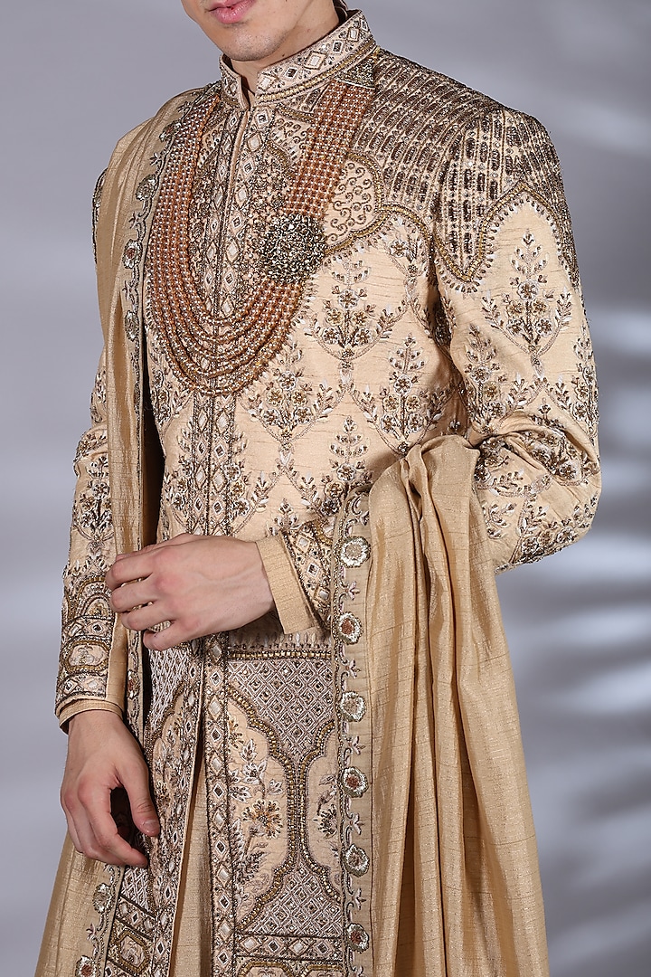 Champagne Brown Raw Silk Zardosi & Thread Embroidered Groom Sherwani Set by Bharat Reshma at Pernia's Pop Up Shop