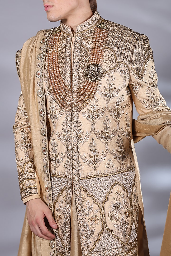Champagne Brown Raw Silk Zardosi & Thread Embroidered Groom Sherwani Set by Bharat Reshma at Pernia's Pop Up Shop