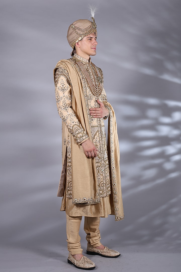 Champagne Brown Raw Silk Zardosi & Thread Embroidered Groom Sherwani Set by Bharat Reshma at Pernia's Pop Up Shop