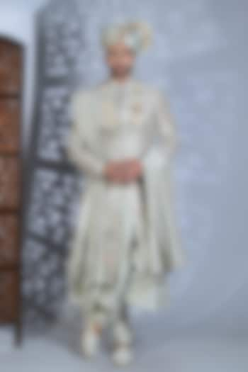 Smoke Grey Silk Mirror & Thread Embroidered Groom Sherwani Set by Bharat Reshma at Pernia's Pop Up Shop