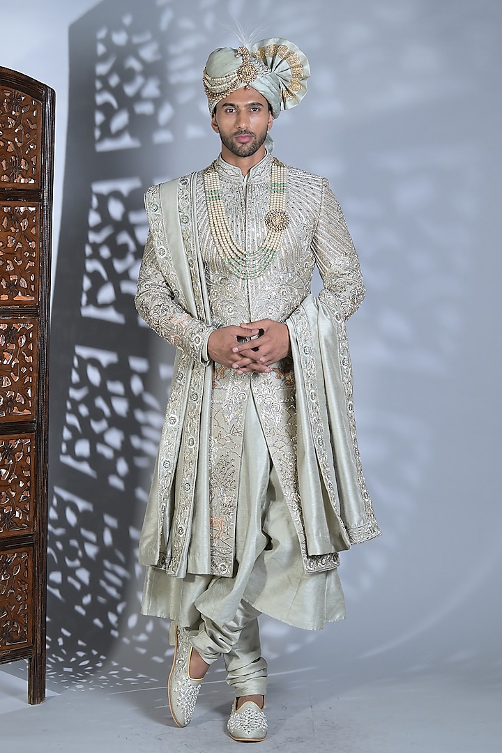 Smoke Grey Silk Mirror & Thread Embroidered Groom Sherwani Set by Bharat Reshma at Pernia's Pop Up Shop