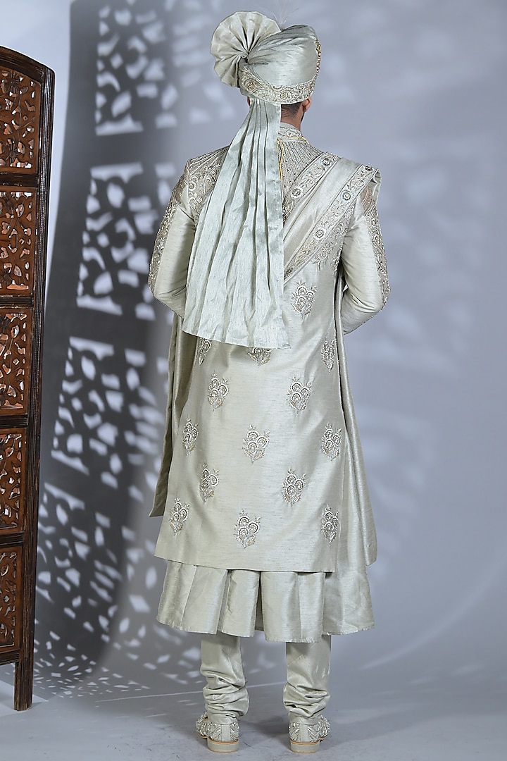 Smoke Grey Silk Mirror & Thread Embroidered Groom Sherwani Set by Bharat Reshma at Pernia's Pop Up Shop