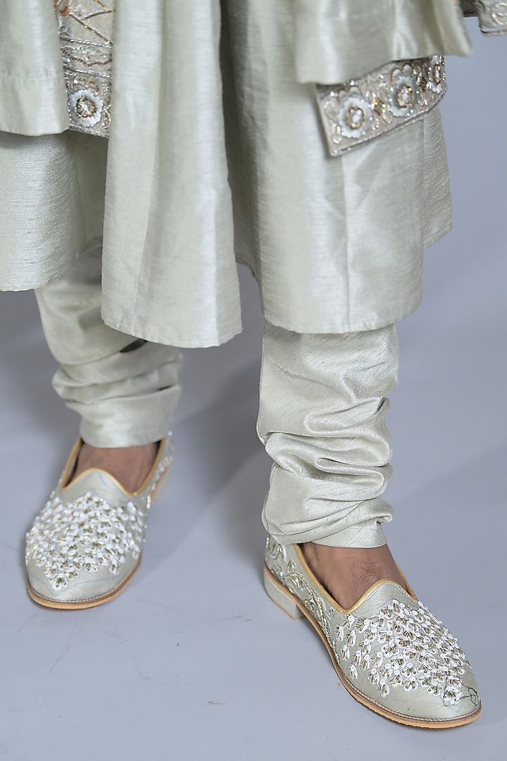 Smoke Grey Silk Mirror & Thread Embroidered Groom Sherwani Set by Bharat Reshma at Pernia's Pop Up Shop