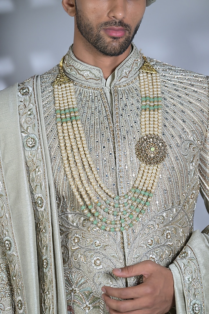 Smoke Grey Silk Mirror & Thread Embroidered Groom Sherwani Set by Bharat Reshma at Pernia's Pop Up Shop