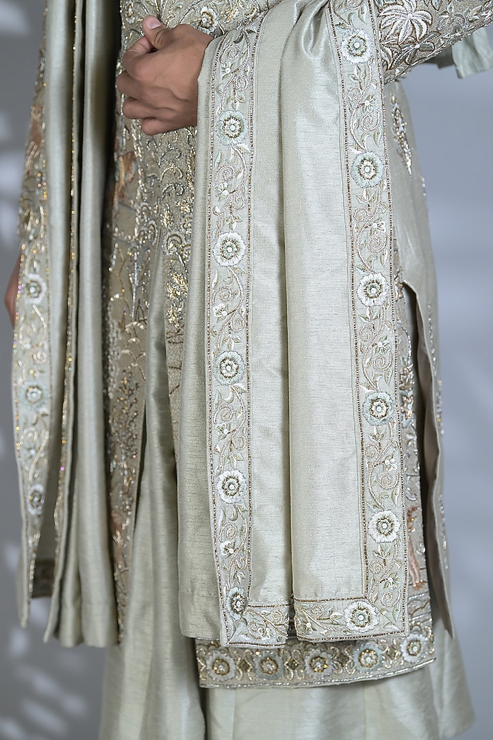 Smoke Grey Silk Mirror & Thread Embroidered Groom Sherwani Set by Bharat Reshma at Pernia's Pop Up Shop