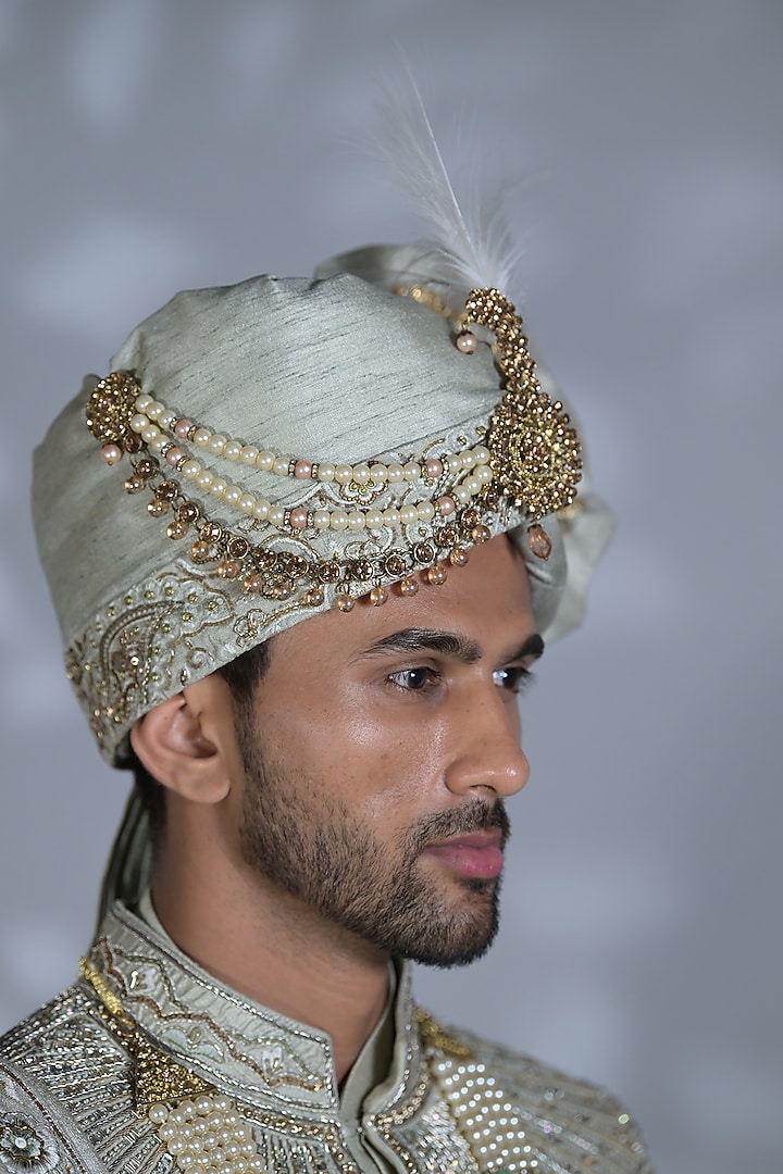 Smoke Grey Silk Mirror & Thread Embroidered Groom Sherwani Set by Bharat Reshma at Pernia's Pop Up Shop