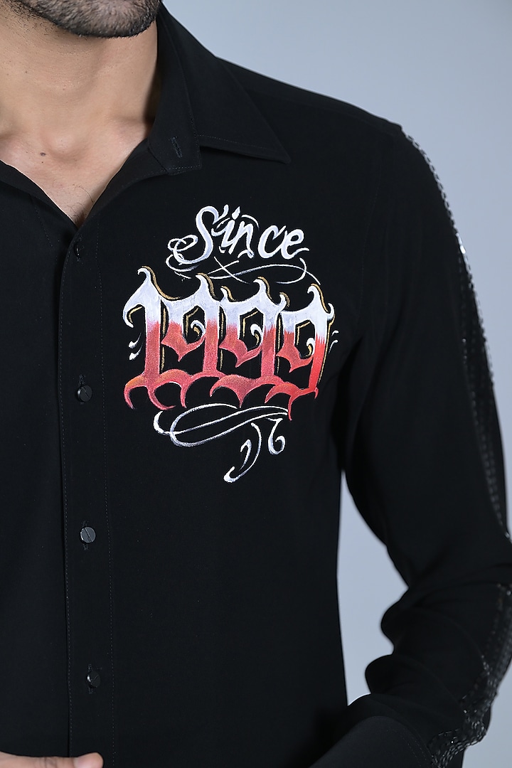 Jet Black Cotton Hand Painted & Cutdana Embroidered Wedding Shirt by Bharat Reshma at Pernia's Pop Up Shop
