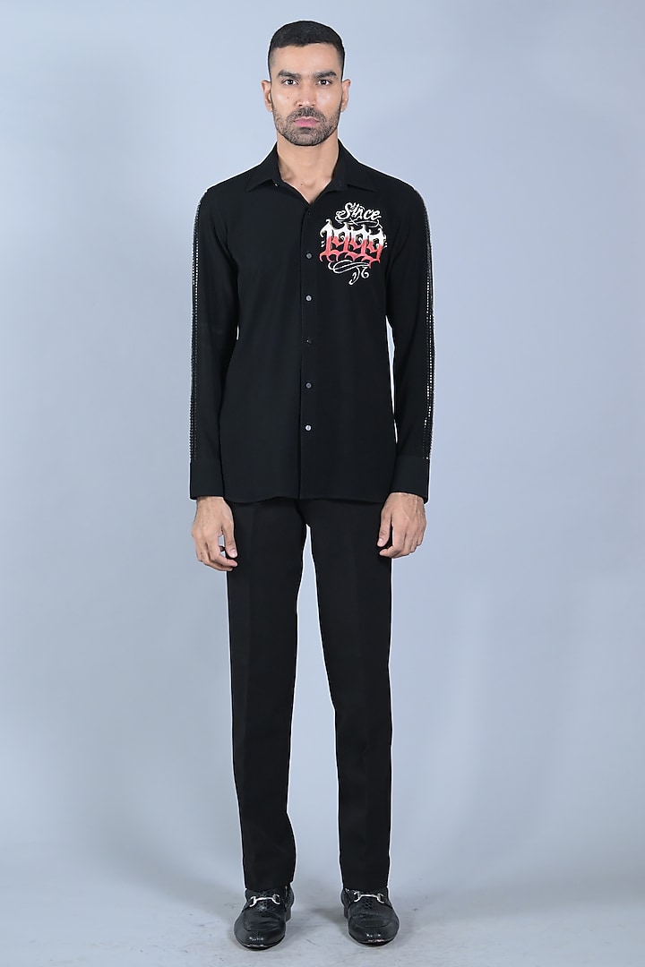 Jet Black Cotton Hand Painted & Cutdana Embroidered Wedding Shirt by Bharat Reshma at Pernia's Pop Up Shop