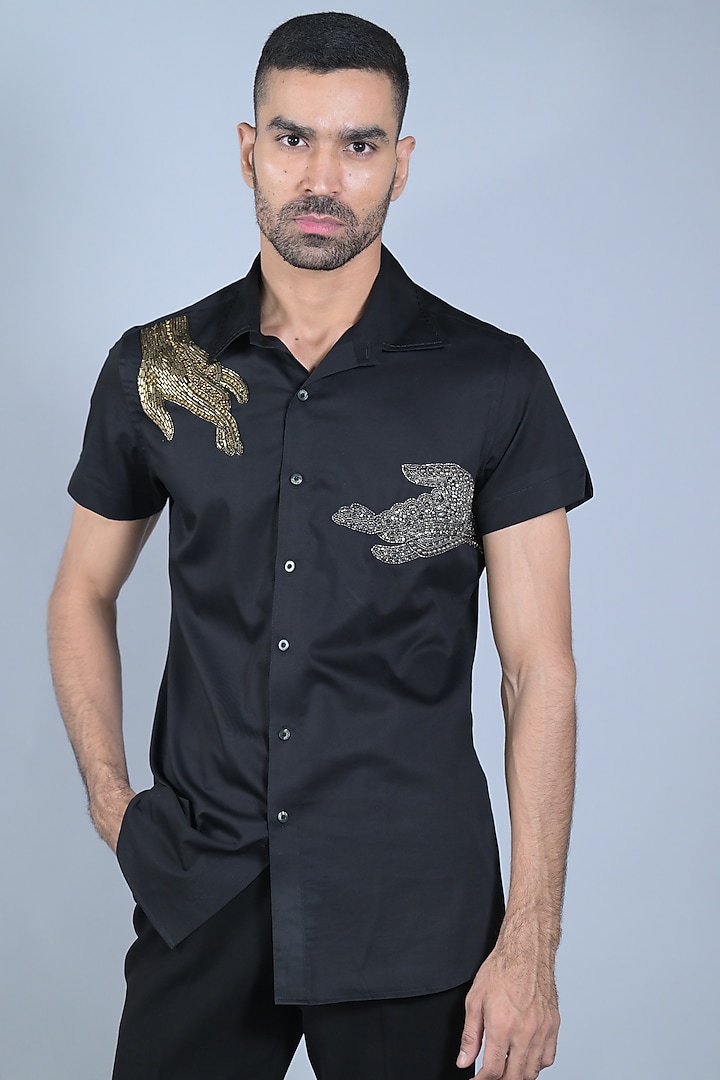 Charcoal Black Cotton Cutdana & Beads Embroidered Party Wear Shirt by Bharat Reshma at Pernia's Pop Up Shop