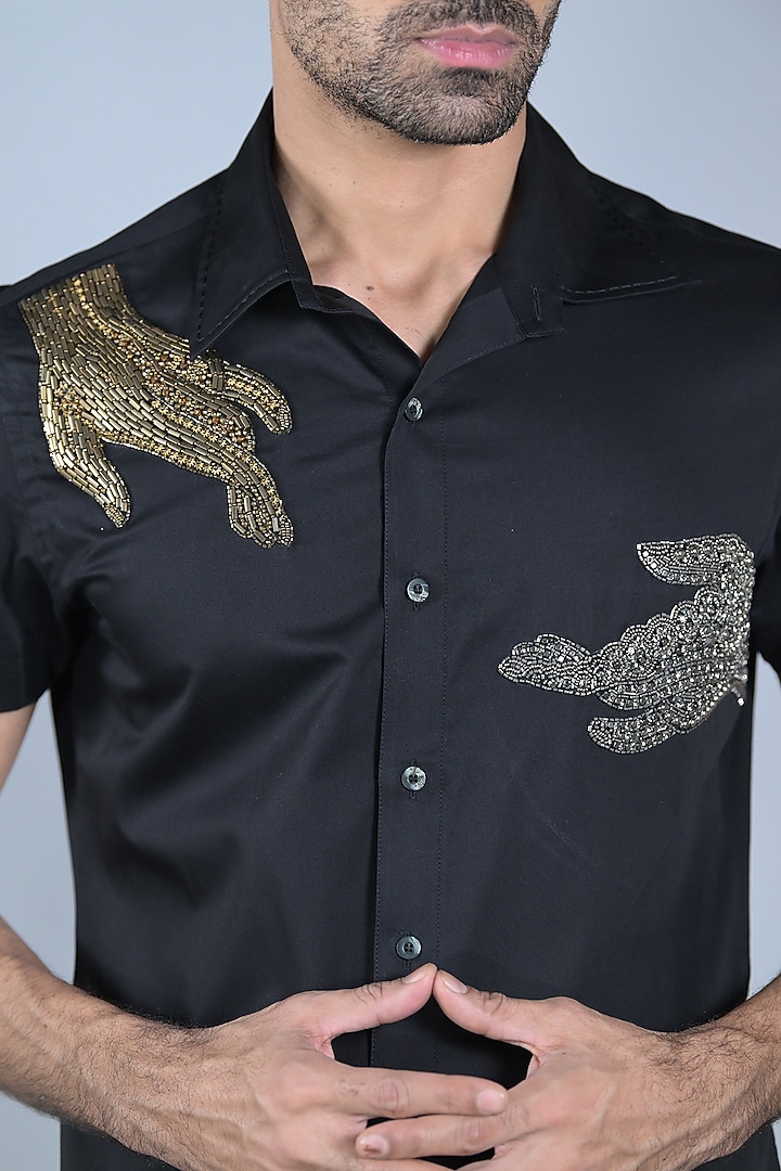 Charcoal Black Cotton Cutdana & Beads Embroidered Party Wear Shirt by Bharat Reshma at Pernia's Pop Up Shop