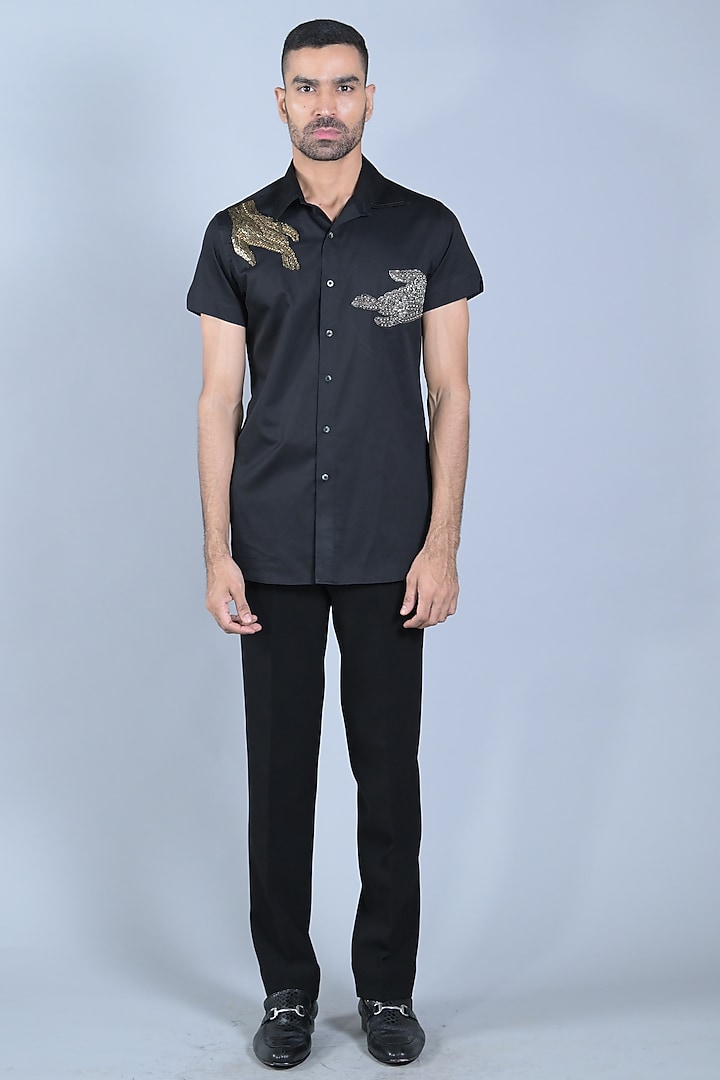 Charcoal Black Cotton Cutdana & Beads Embroidered Party Wear Shirt by Bharat Reshma at Pernia's Pop Up Shop