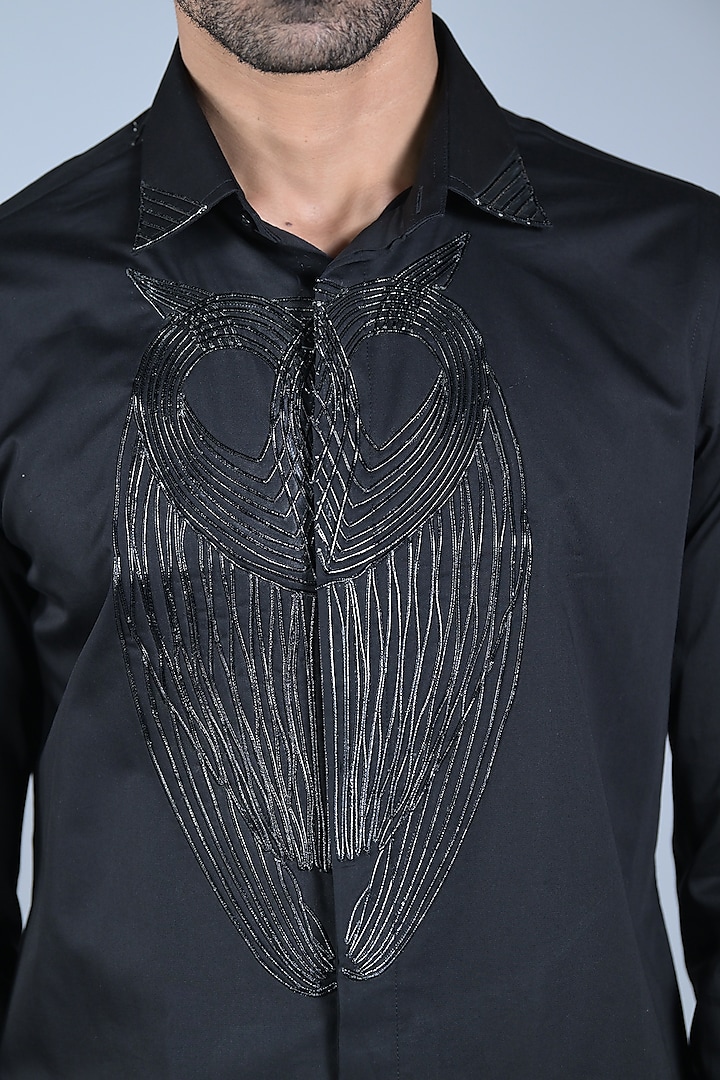 Charcoal Black Cotton Embroidered Party Wear Shirt by Bharat Reshma at Pernia's Pop Up Shop