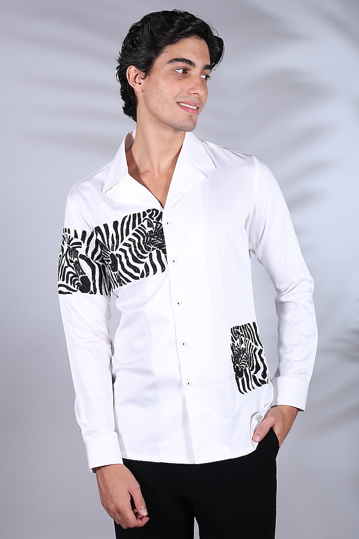 White Cotton Thread Embroidered Shirt by Bharat Reshma