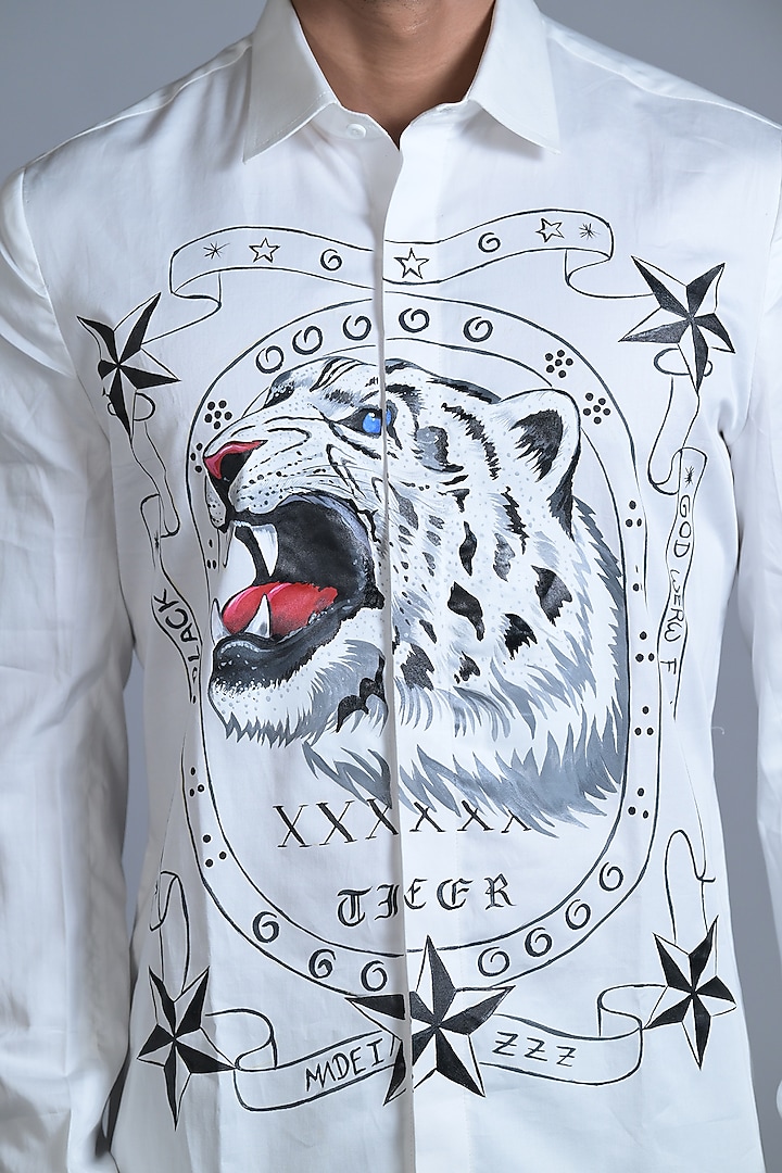 White Cotton Hand Painted Party Wear Shirt by Bharat Reshma at Pernia's Pop Up Shop
