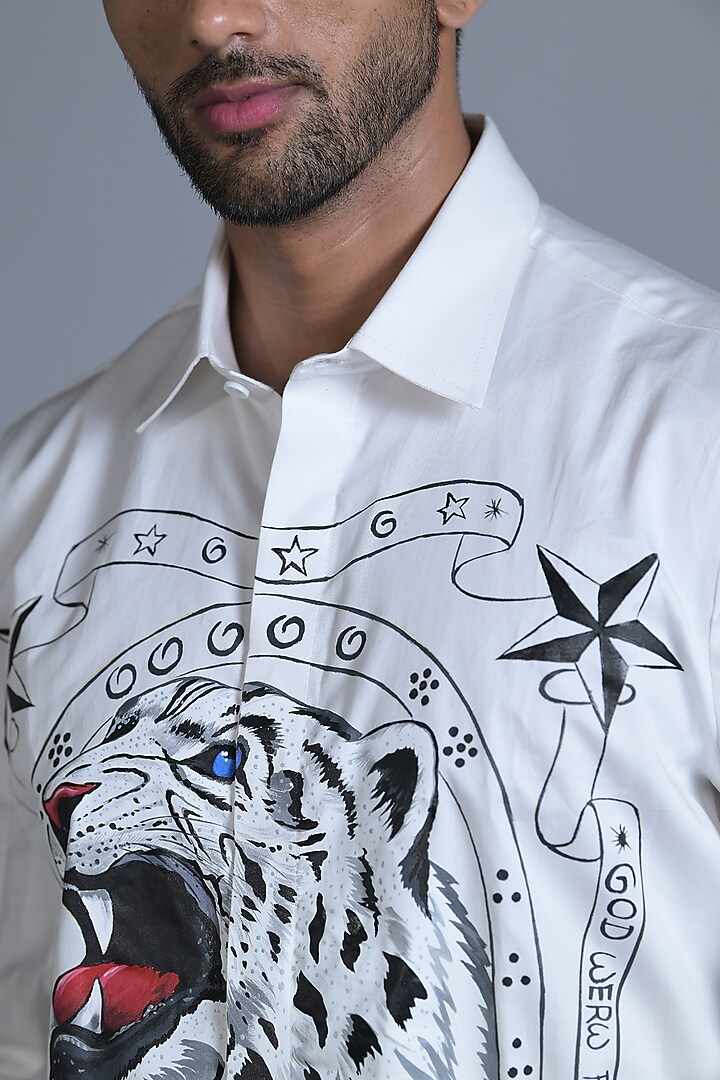 White Cotton Hand Painted Party Wear Shirt by Bharat Reshma at Pernia's Pop Up Shop