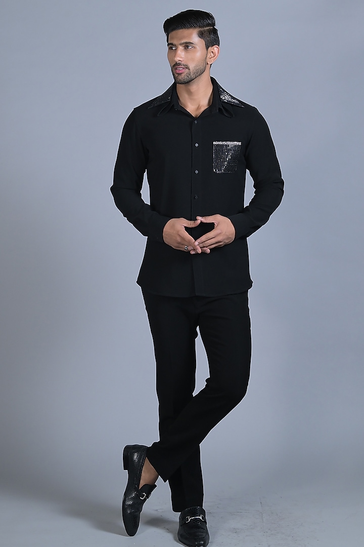 Jet Black Cotton Crystal Embroidered Shirt by Bharat Reshma