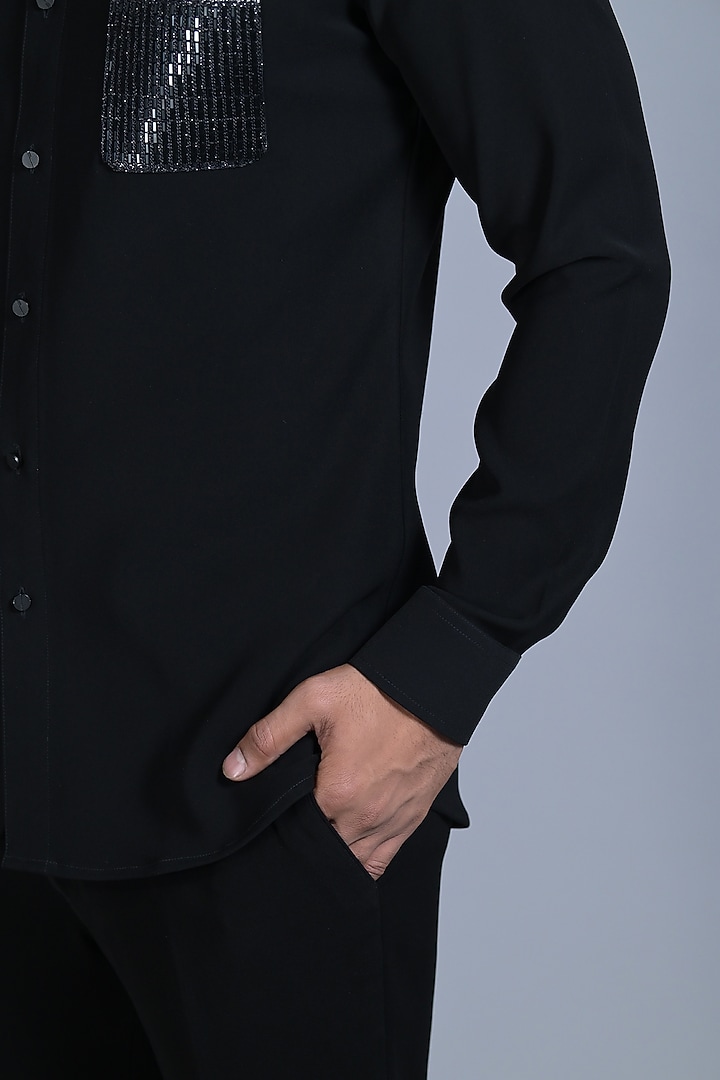 Jet Black Cotton Crystal Embroidered Wedding Shirt by Bharat Reshma at Pernia's Pop Up Shop