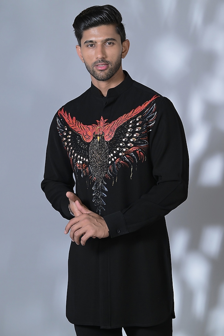 Jet Black Japanese Suiting Cutdana & Crystal Embroidered Shirt by Bharat Reshma