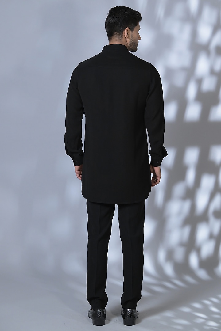 Jet Black Japanese Suiting Cutdana & Crystal Embroidered Wedding Shirt by Bharat Reshma at Pernia's Pop Up Shop