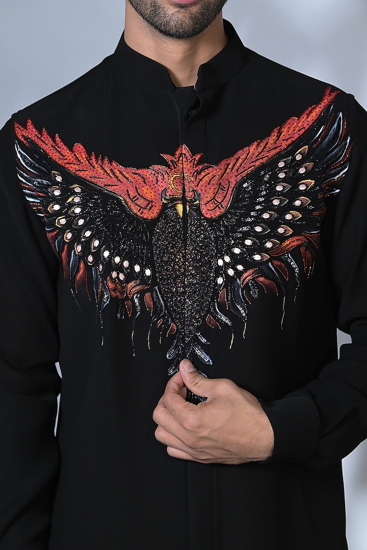 Jet Black Japanese Suiting Cutdana & Crystal Embroidered Wedding Shirt by Bharat Reshma at Pernia's Pop Up Shop