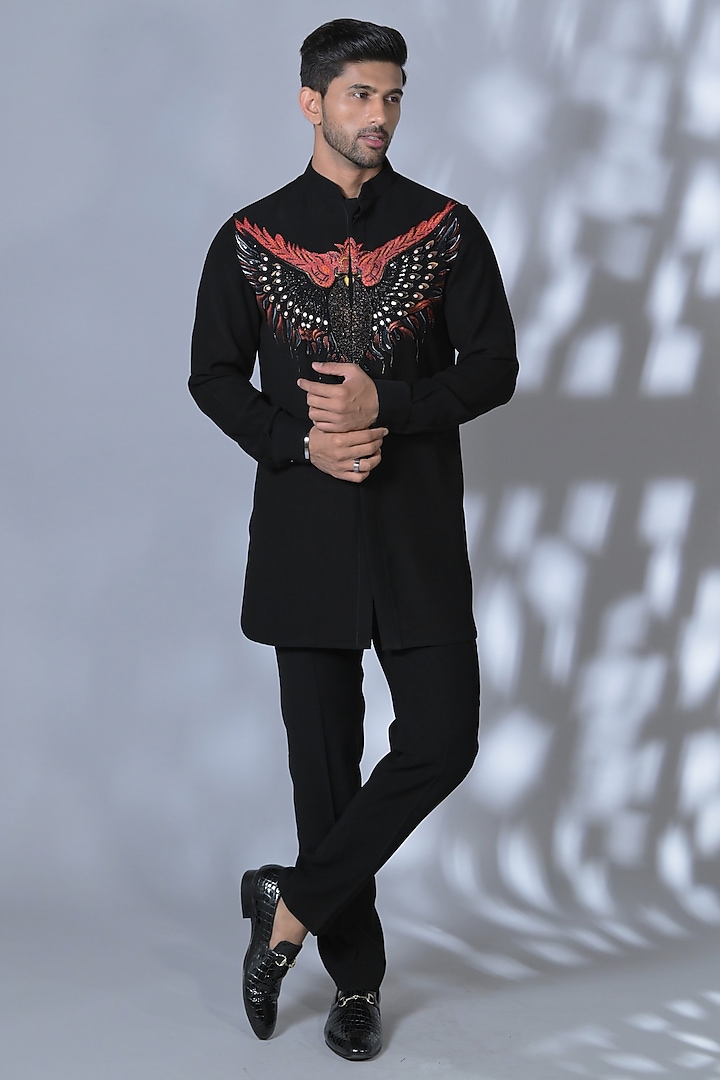 Jet Black Japanese Suiting Cutdana & Crystal Embroidered Wedding Shirt by Bharat Reshma at Pernia's Pop Up Shop