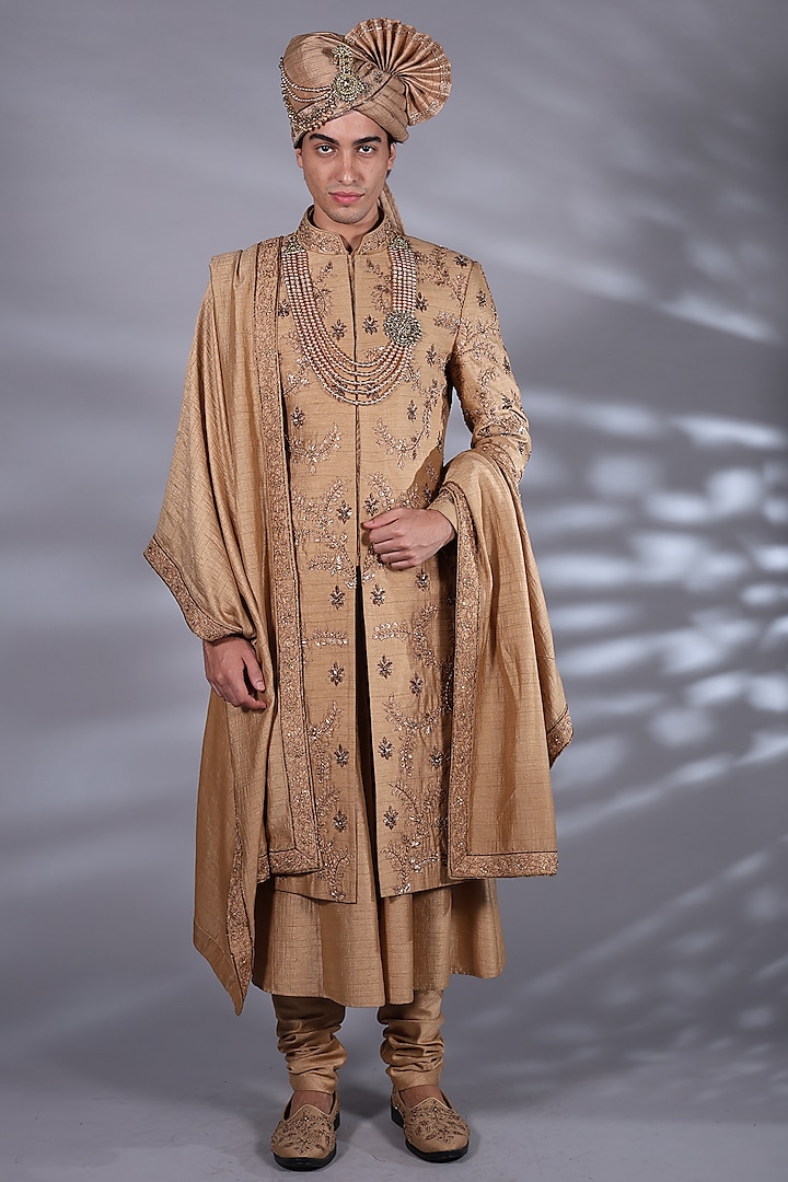 Pine Brown Silk Zari & Sequins Embroidered Groom Sherwani Set by Bharat Reshma at Pernia's Pop Up Shop