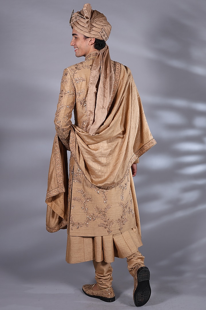 Pine Brown Silk Zari & Sequins Embroidered Groom Sherwani Set by Bharat Reshma at Pernia's Pop Up Shop