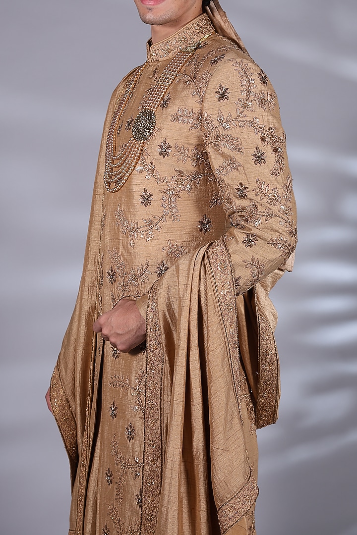 Pine Brown Silk Zari & Sequins Embroidered Groom Sherwani Set by Bharat Reshma at Pernia's Pop Up Shop