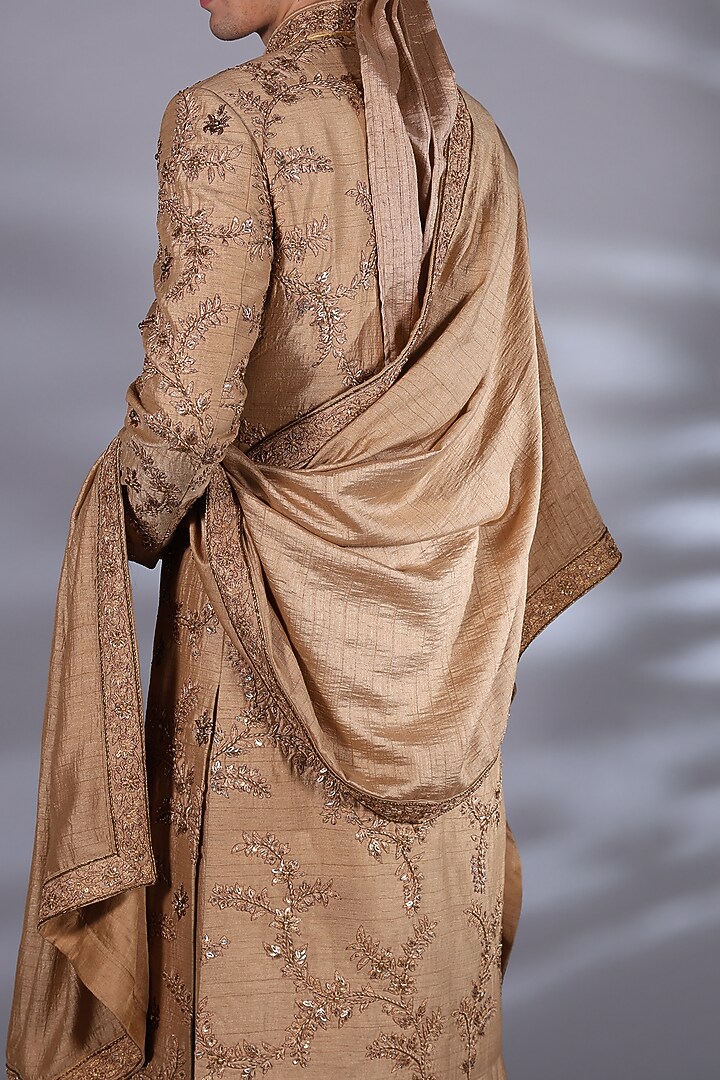 Pine Brown Silk Zari & Sequins Embroidered Groom Sherwani Set by Bharat Reshma at Pernia's Pop Up Shop
