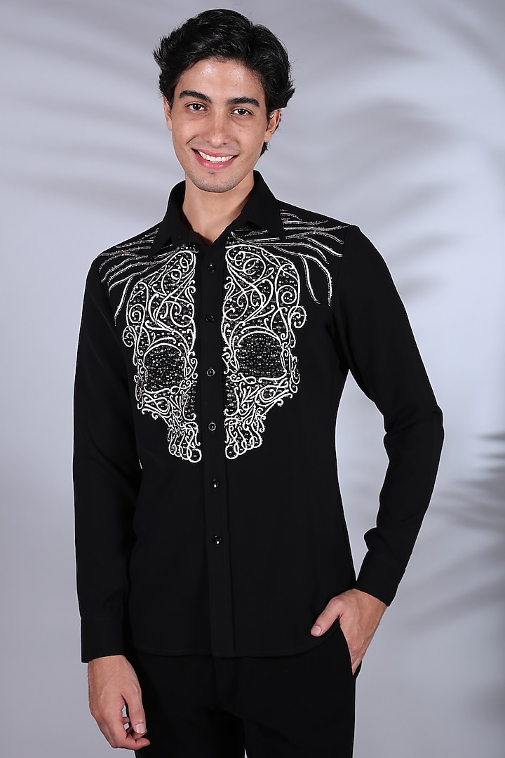 Black Cotton Beads Embroidered Shirt by Bharat Reshma