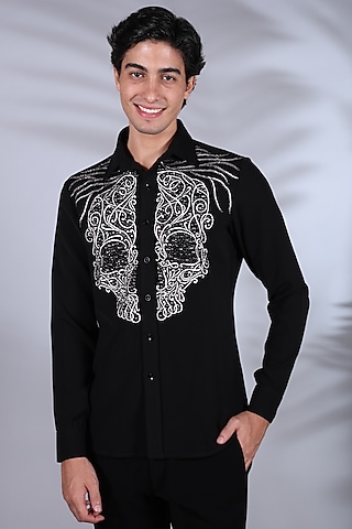 Black Cotton Beads Embroidered Shirt by Bharat Reshma