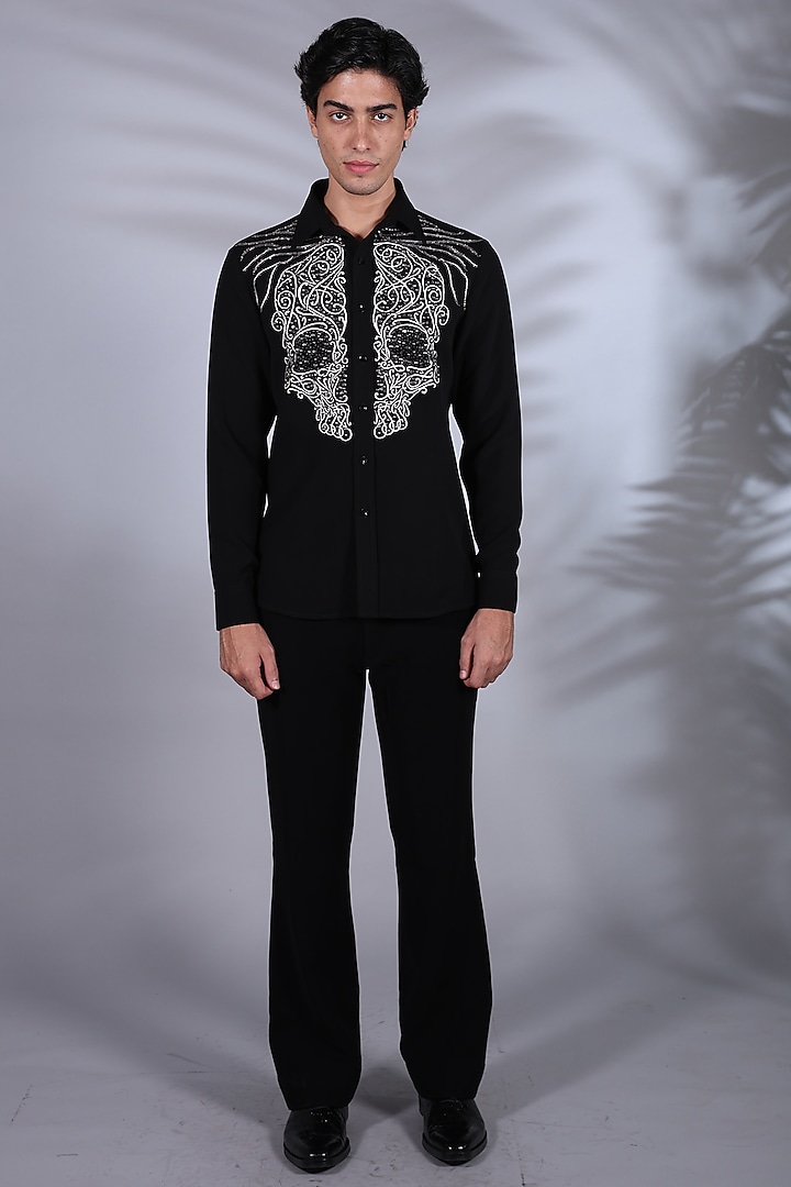 Black Cotton Beads Embroidered Wedding Shirt by Bharat Reshma at Pernia's Pop Up Shop