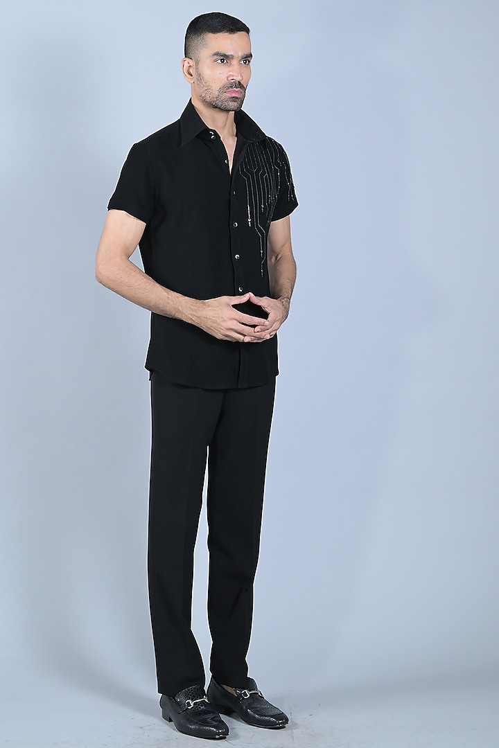 Black Cotton Beads Embroidered Shirt by Bharat Reshma