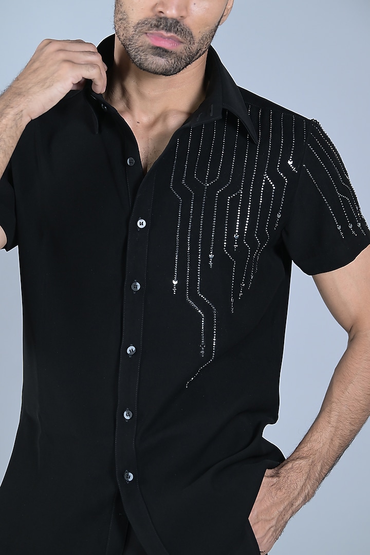 Black Cotton Beads Embroidered Party Wear Shirt by Bharat Reshma at Pernia's Pop Up Shop