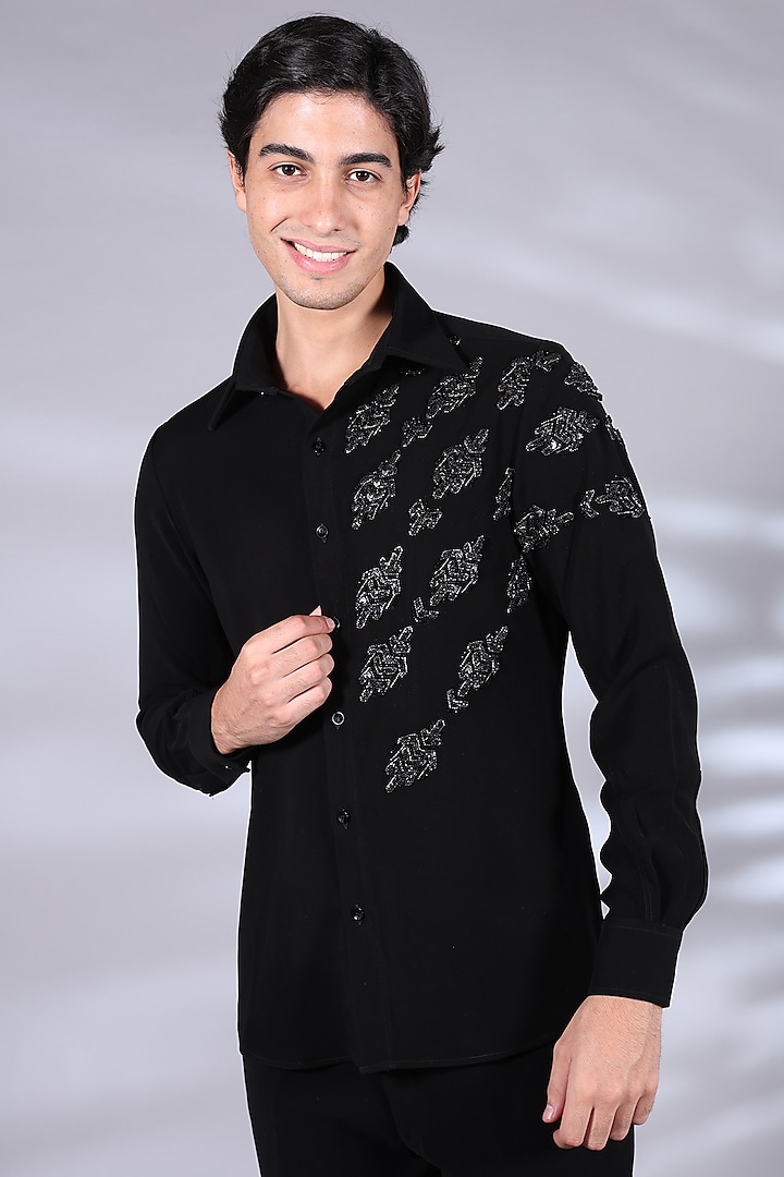 Black Japanese Suiting Beads & Crystal Embroidered Shirt by Bharat Reshma