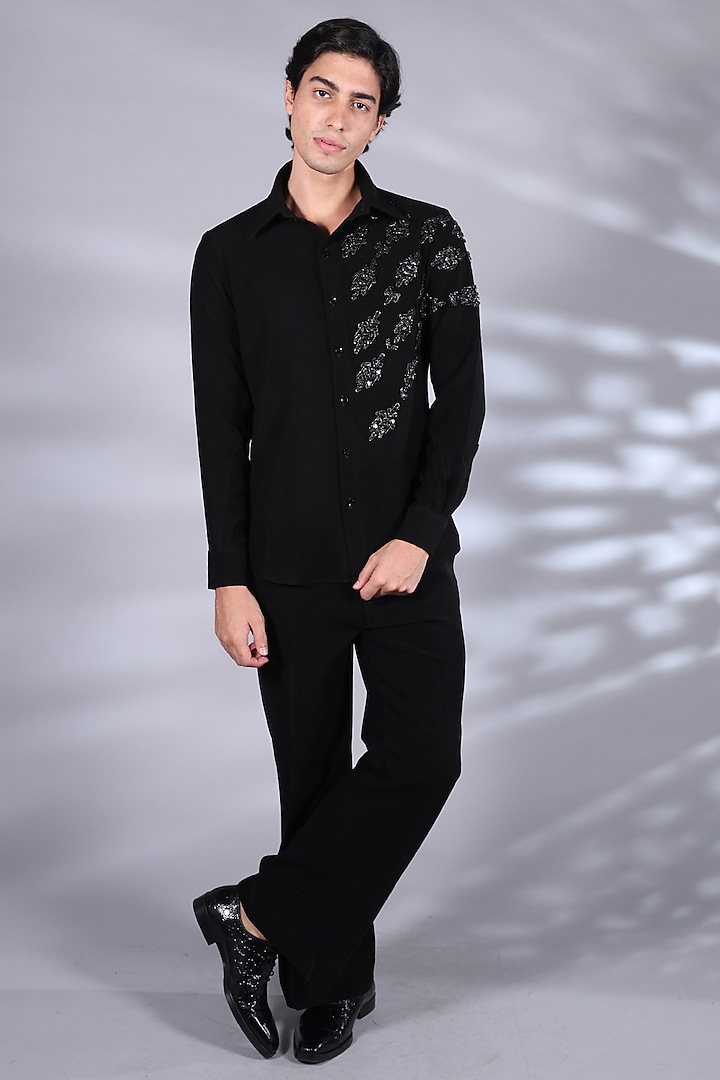 Black Japanese Suiting Beads & Crystal Embroidered Wedding Shirt by Bharat Reshma at Pernia's Pop Up Shop