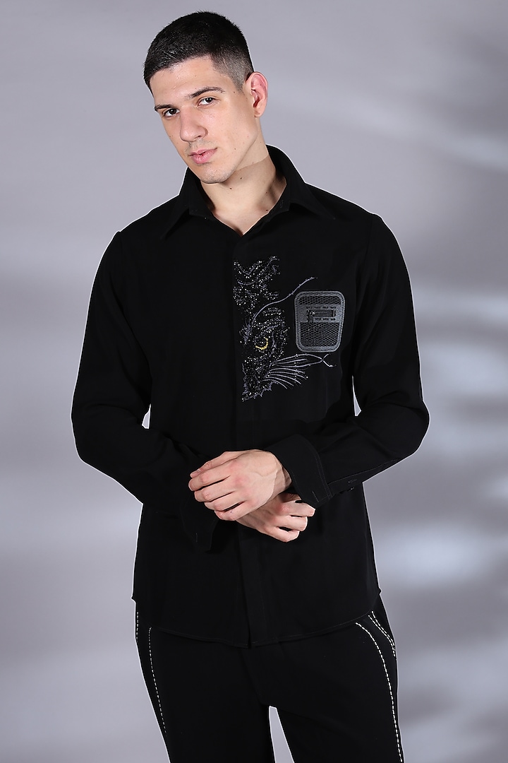 Black Japanese Suiting Beads & Crystal Embroidered Shirt by Bharat Reshma at Pernia's Pop Up Shop