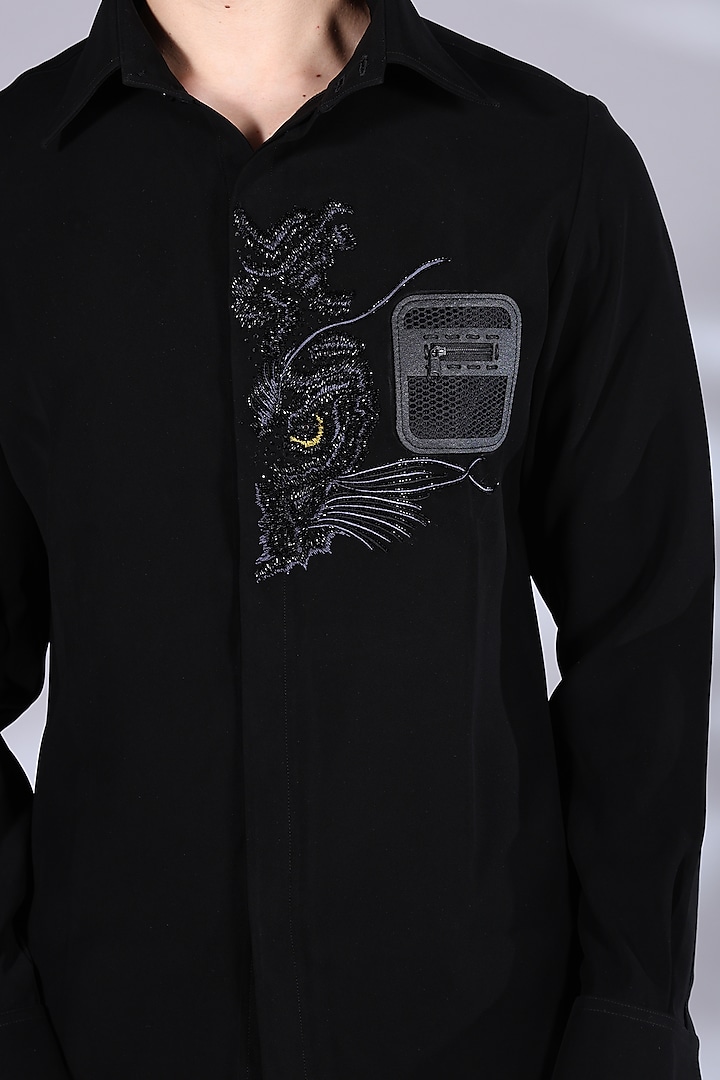 Black Japanese Suiting Beads & Crystal Embroidered Party Wear Shirt by Bharat Reshma at Pernia's Pop Up Shop