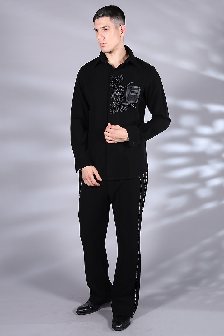 Black Japanese Suiting Beads & Crystal Embroidered Party Wear Shirt by Bharat Reshma at Pernia's Pop Up Shop