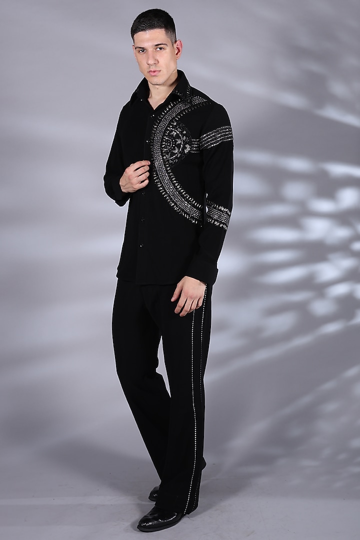 Jet Black Japanese Suiting Beads & Crystal Embroidered Shirt by Bharat Reshma