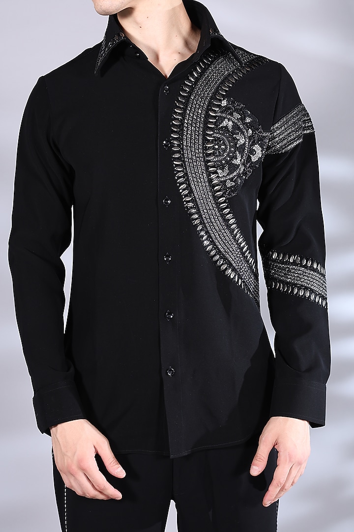 Jet Black Japanese Suiting Beads & Crystal Embroidered Wedding Shirt by Bharat Reshma at Pernia's Pop Up Shop
