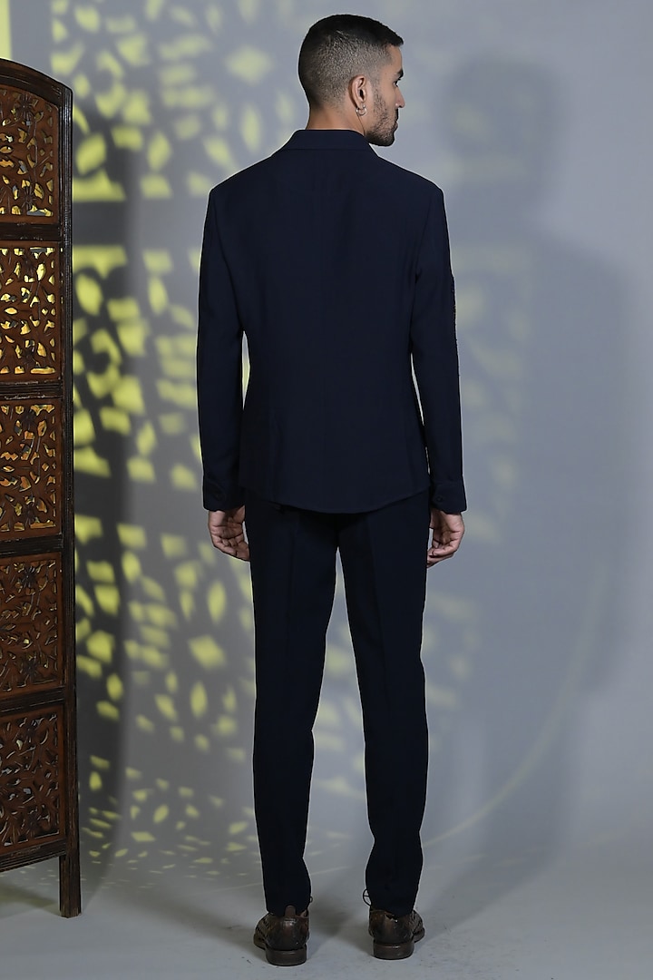 French Navy Cotton Dabka & Sequins Embroidered Party Wear Shirt by Bharat Reshma at Pernia's Pop Up Shop