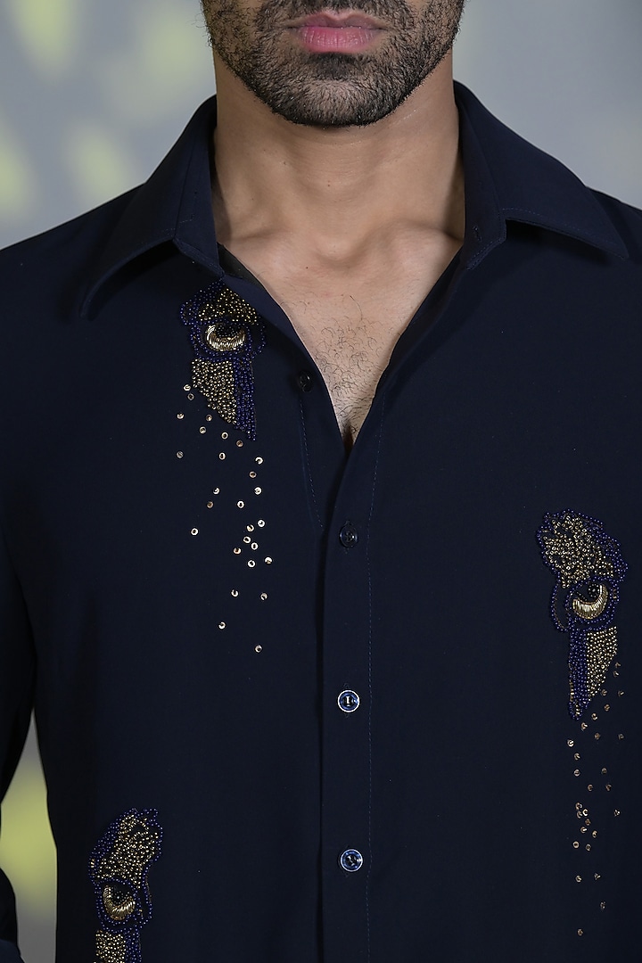 French Navy Cotton Dabka & Sequins Embroidered Party Wear Shirt by Bharat Reshma at Pernia's Pop Up Shop